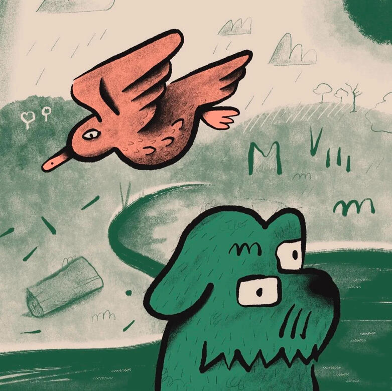 Dog and bird illustration